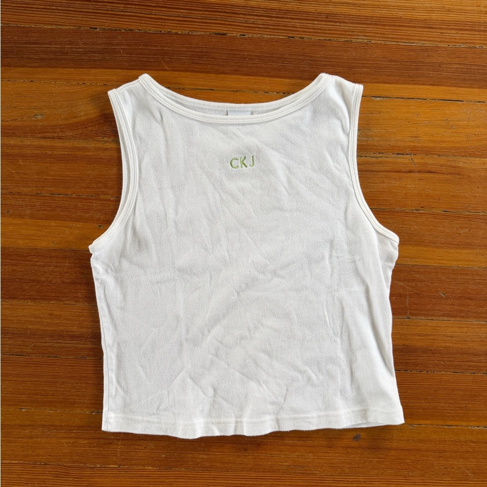 Calvin Klein Jeans White Ribbed Crop Tank with Green CKJ Embroidery